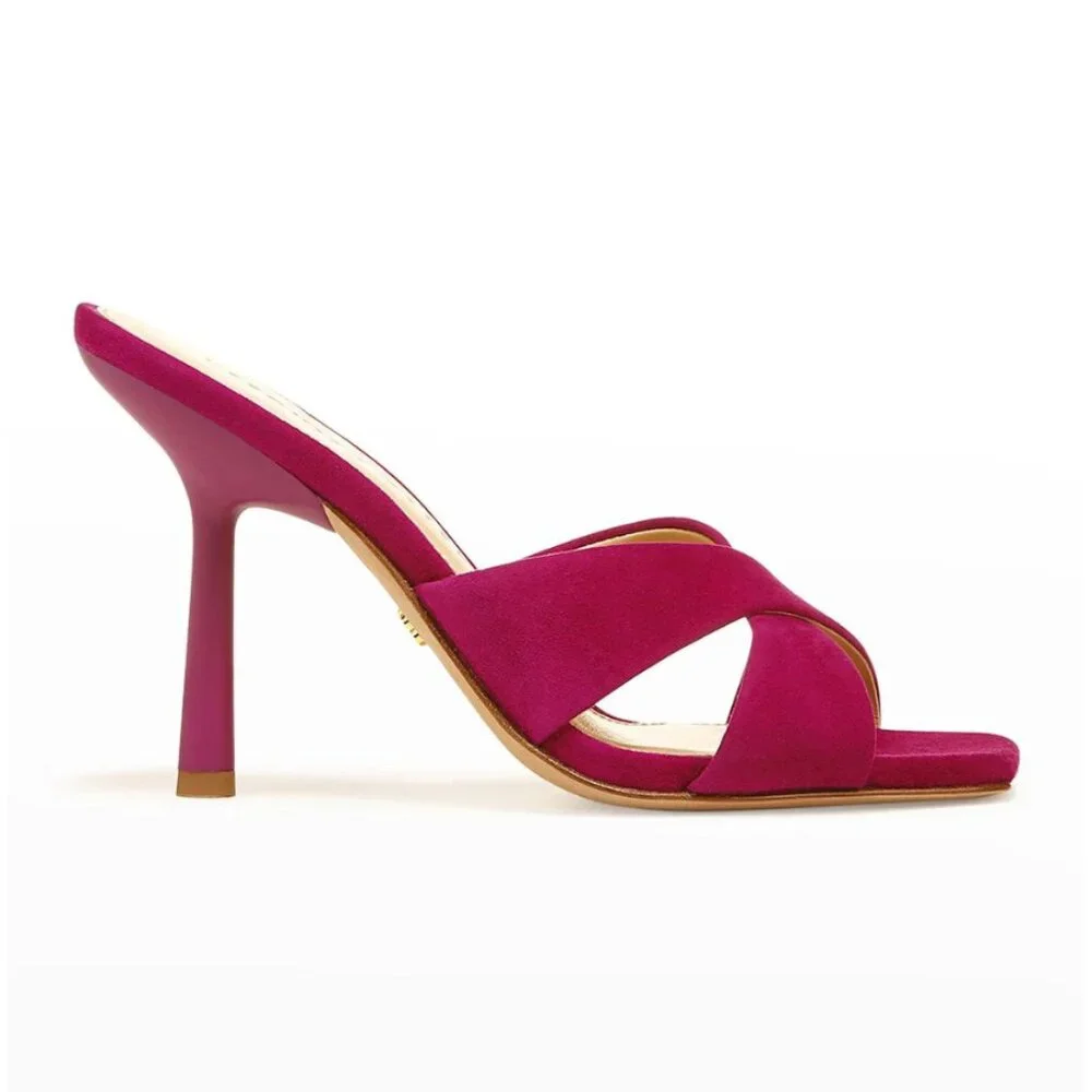 Veronica Beard Alsea Raspberry Pink Suede Mule Heels Square Toe Sandals Sz 8.5